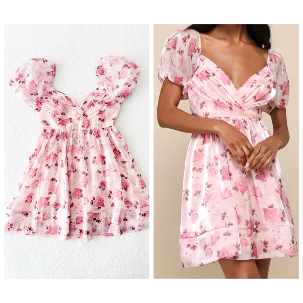 NWOT Lulus Cutest Darling Light Pink Floral Pleated Organza Mini Dress Xlarge